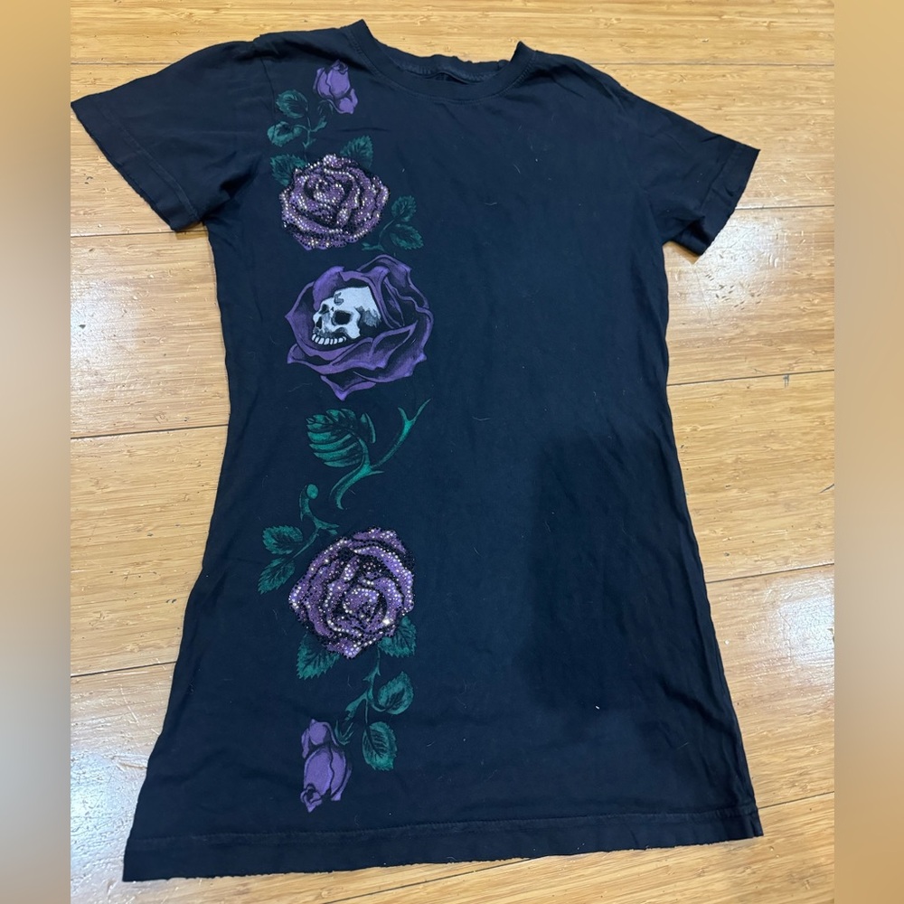 Ed Harder Purple Rose and Skull Sequin Tee Shirt